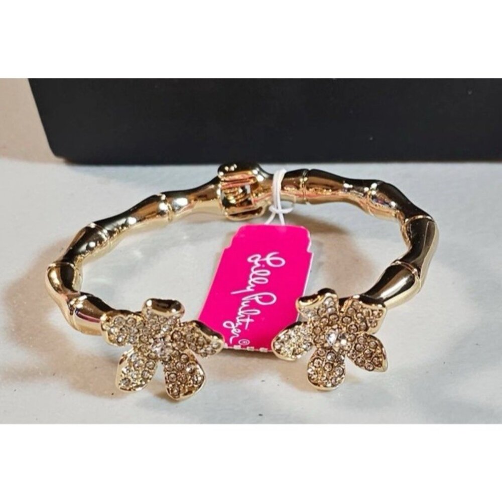 Lilly Pulitzer Flower Cuff Bracelet Gold-tone Rhinestone Hinged Bracelet NWT